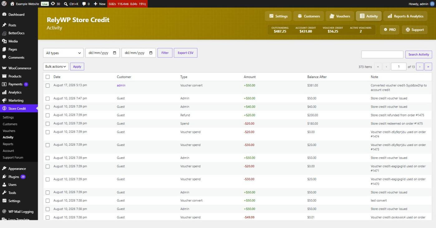 Store Credit Activity screen showing the credit transaction log