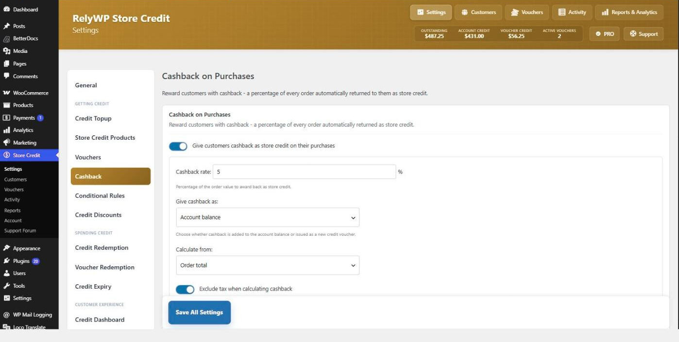 Cashback settings with the cashback rate, delivery method and calculation basis