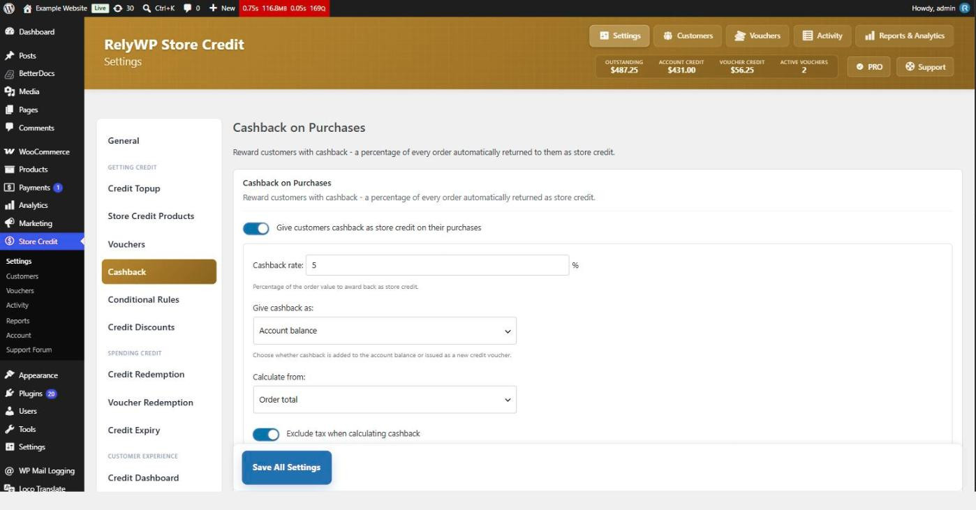 Cashback settings with the cashback rate, delivery method and calculation basis
