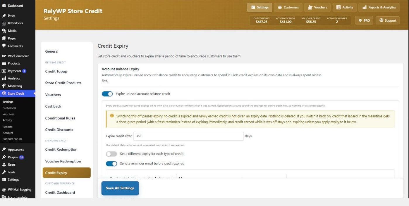 Credit Expiry settings for account balance expiry and reminder emails