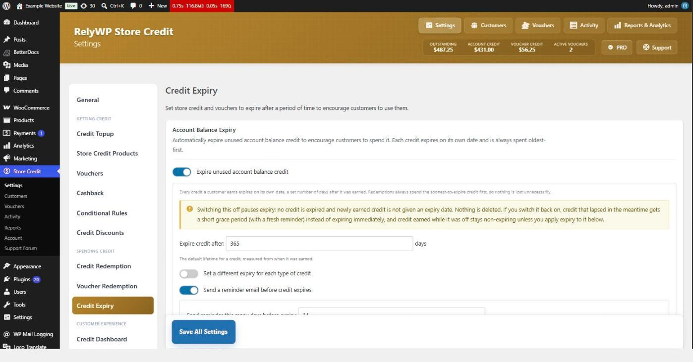 Credit Expiry settings for account balance expiry and reminder emails