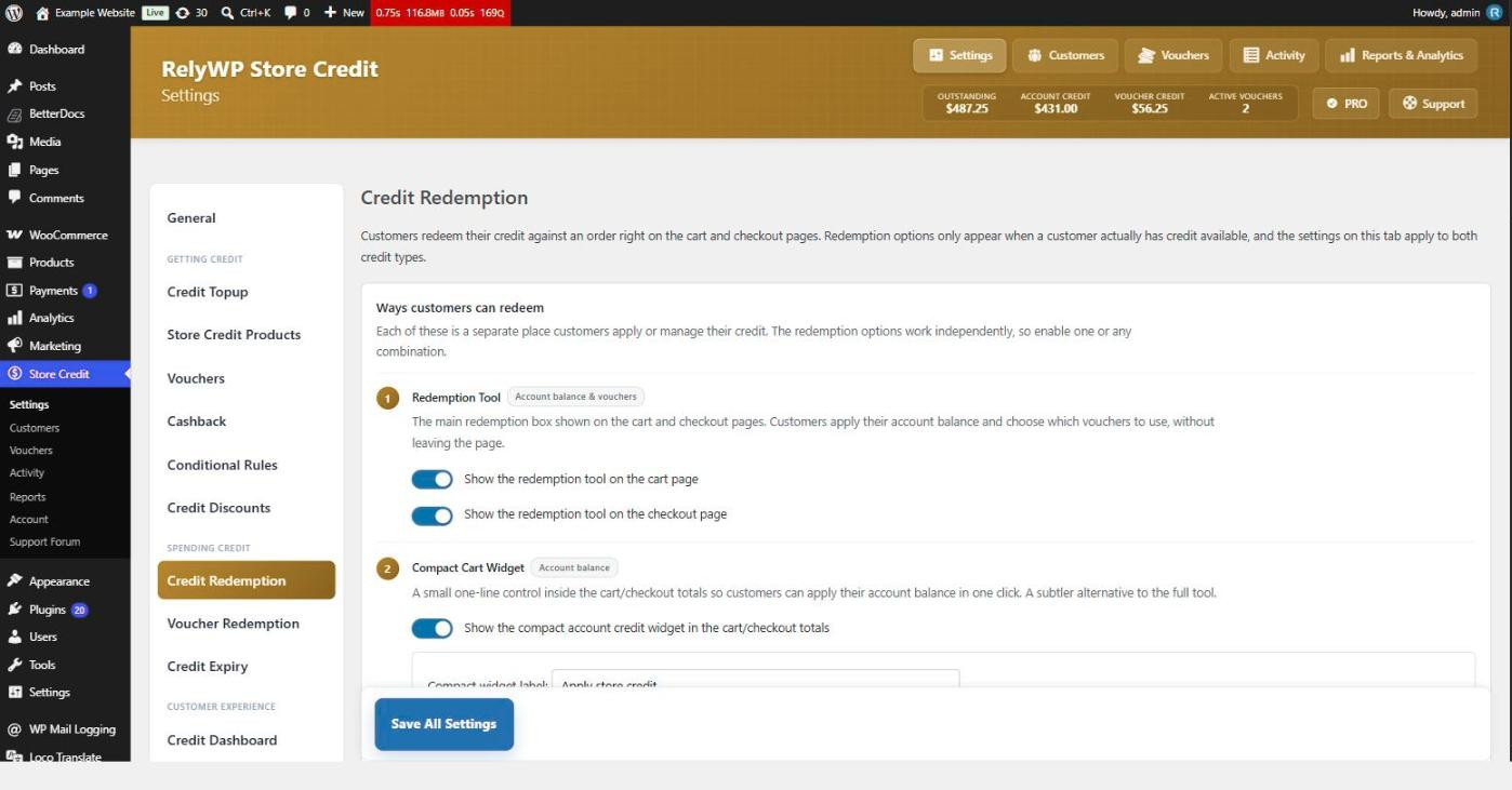 Credit Redemption settings listing the ways customers can redeem store credit