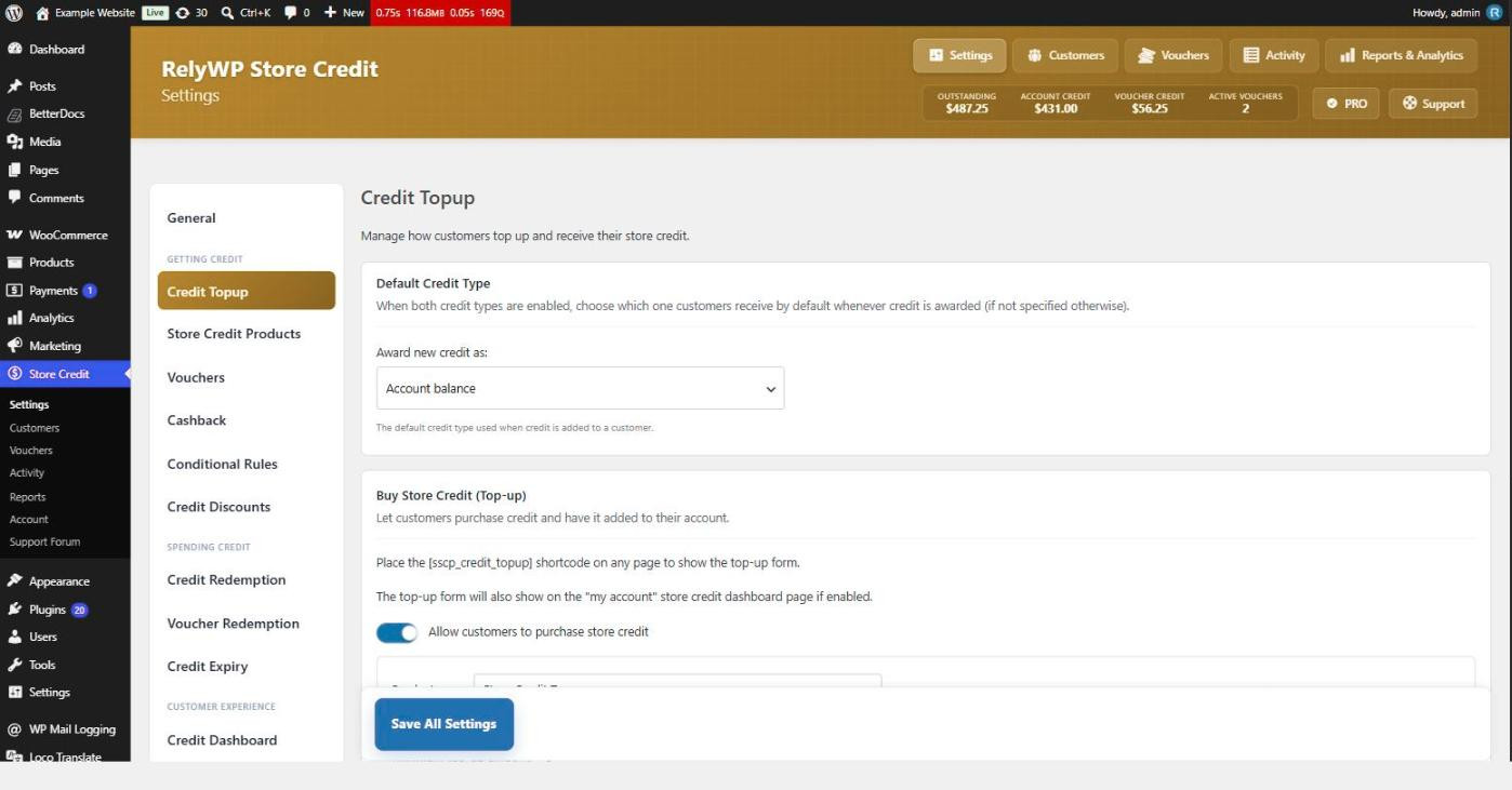 Credit Topup settings with the default credit type and buy store credit options