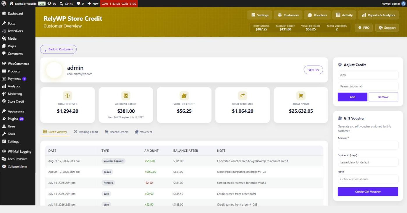 Customer Overview screen with credit totals, activity and gift voucher tools