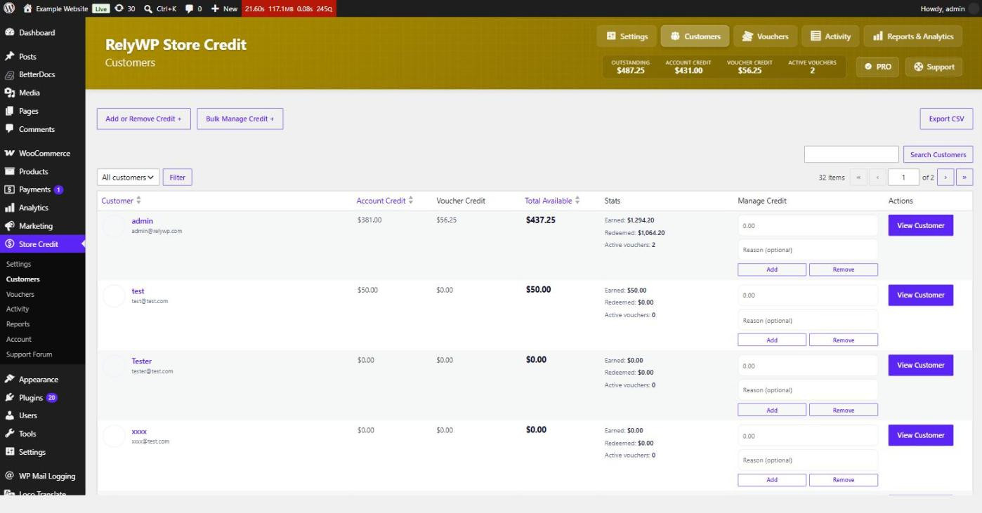 Store Credit Customers screen listing balances and quick add or remove controls