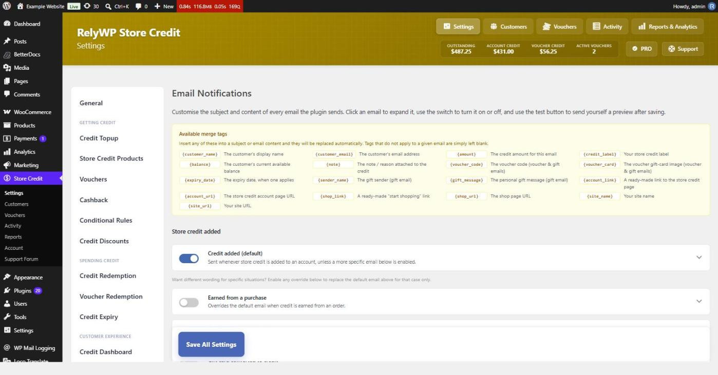 Email Notifications settings showing the available merge tags