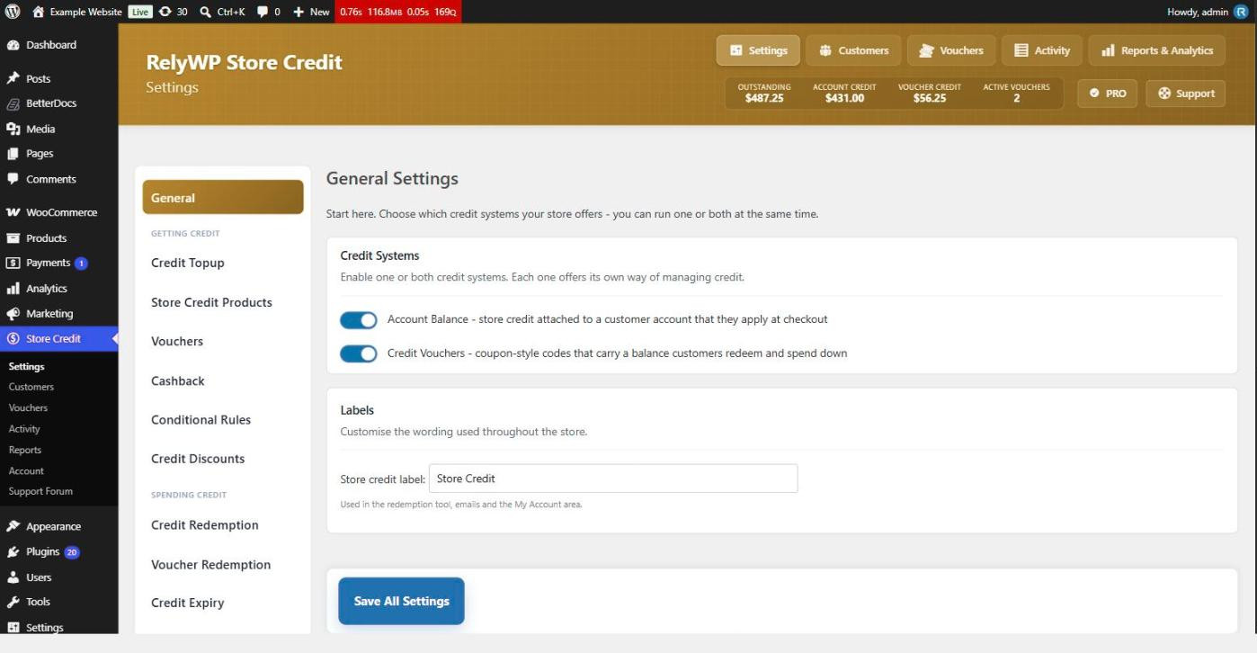 Store Credit General settings showing the Account Balance and Credit Vouchers toggles and the store credit label field