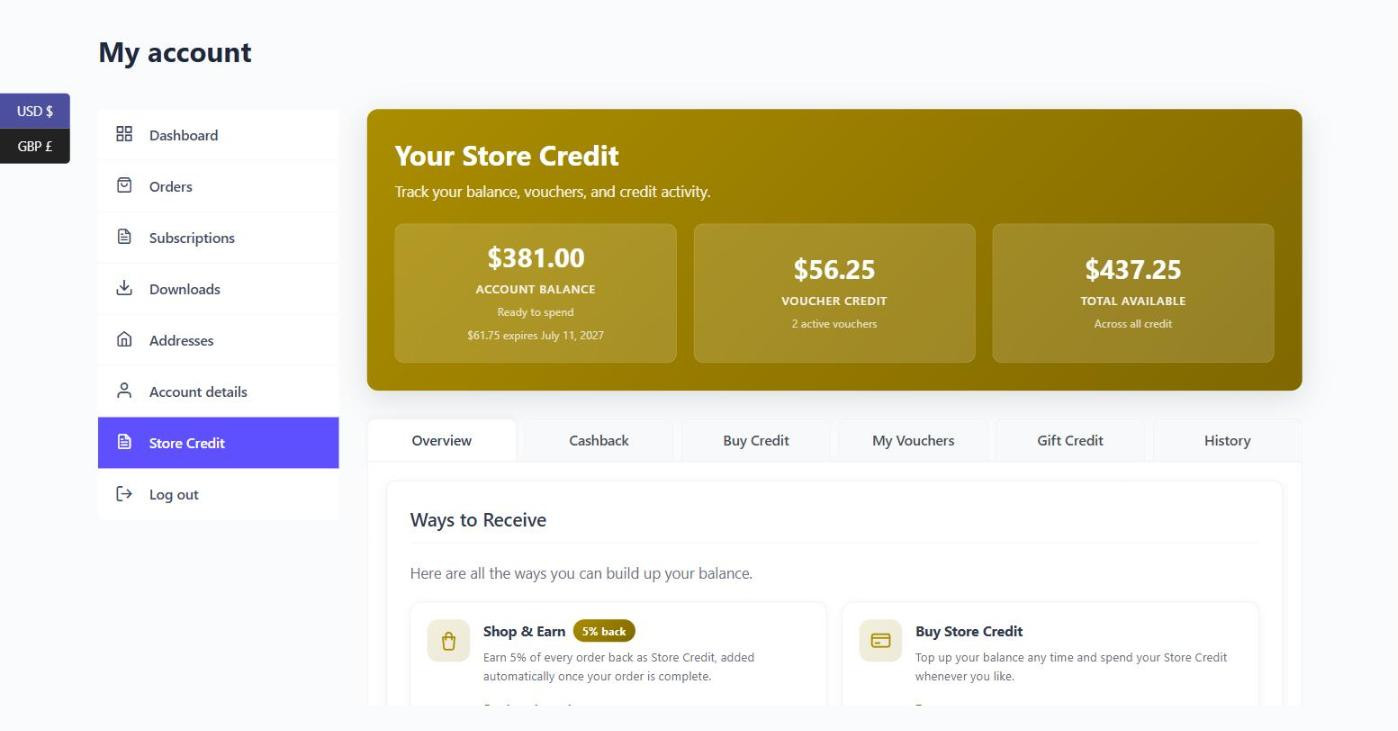 Customer store credit dashboard in My Account showing balance cards and tabs