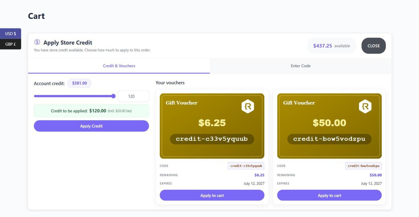 Expanded credit redemption tool showing the partial amount slider and voucher cards