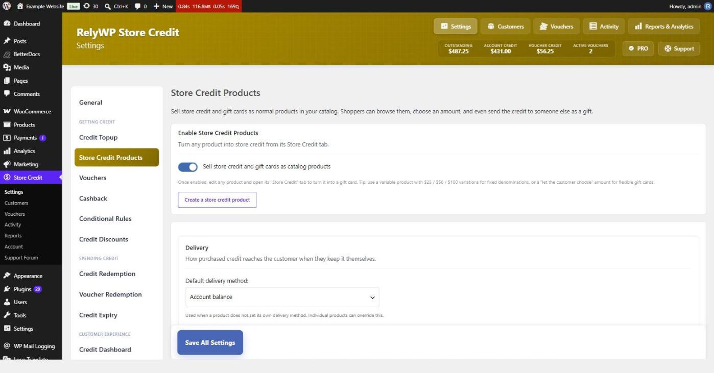 Store Credit Products settings for selling gift cards as catalog products