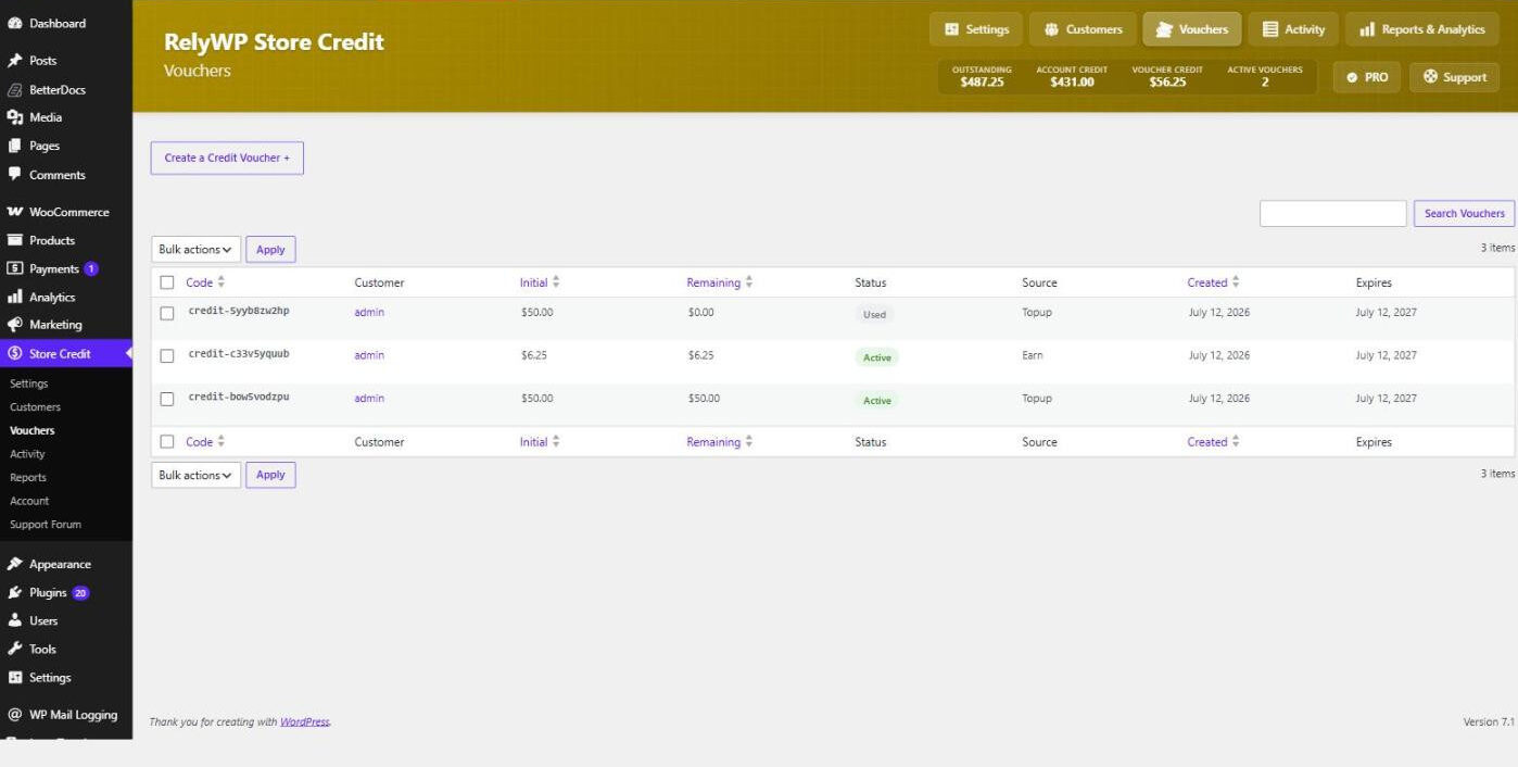 Store Credit Vouchers screen listing voucher codes, balances and status