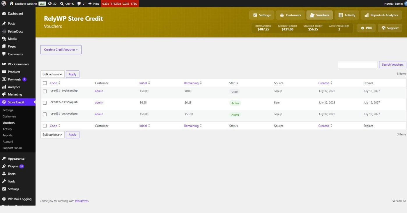 Store Credit Vouchers screen listing voucher codes, balances and status