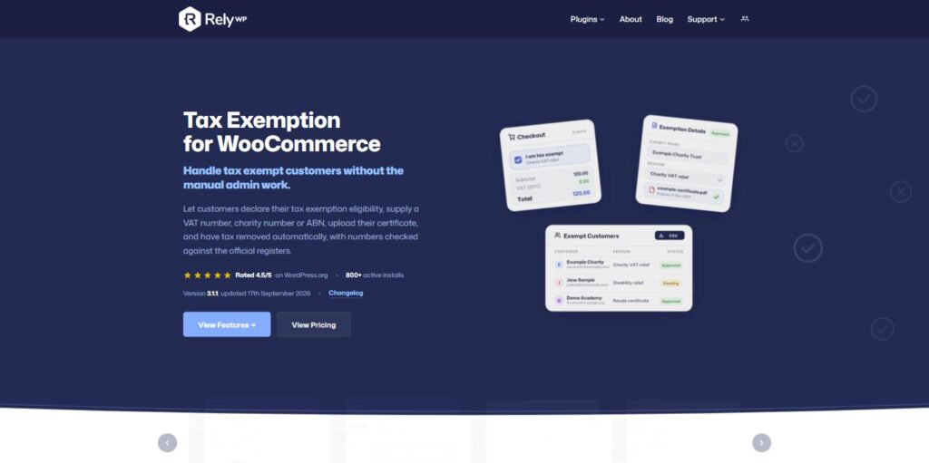 Tax Exemption for WooCommerce plugin page on relywp.com, with checkout, exemption details and exempt customer screens