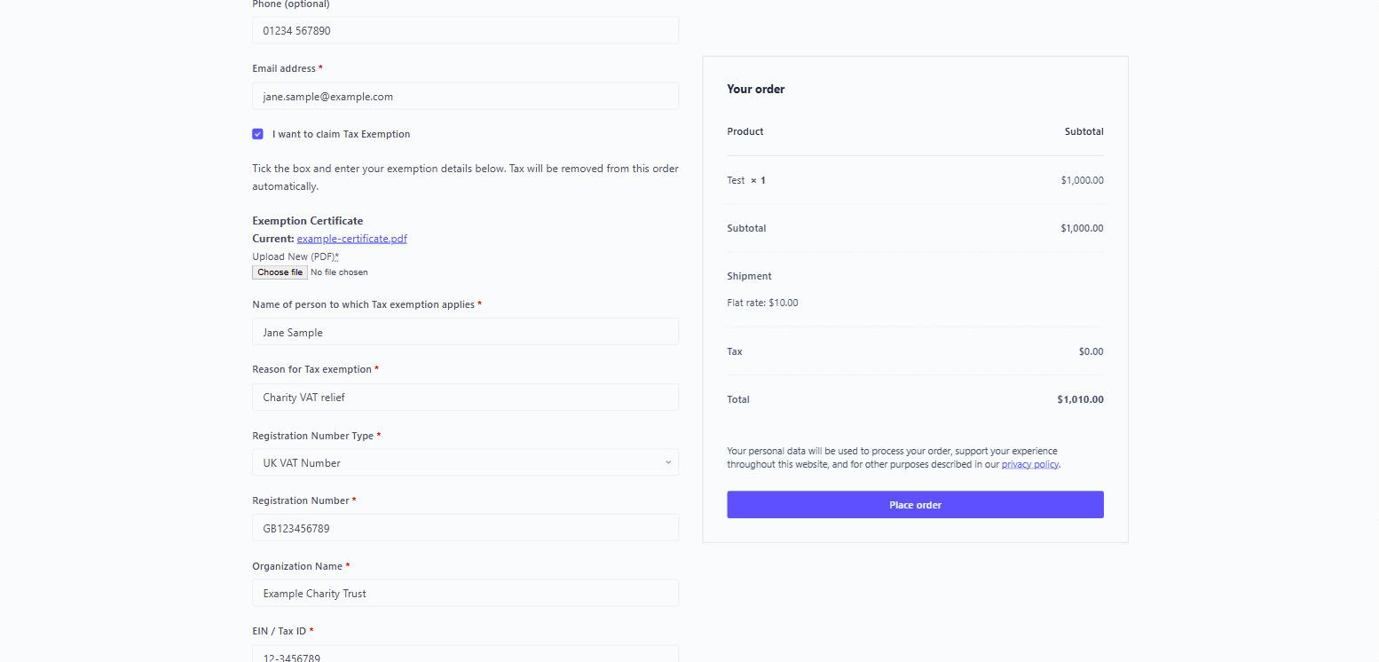 Tax exemption fields on the WooCommerce checkout page
