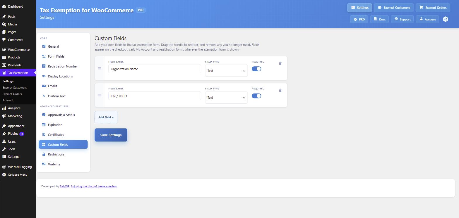 Custom tax exemption form fields settings