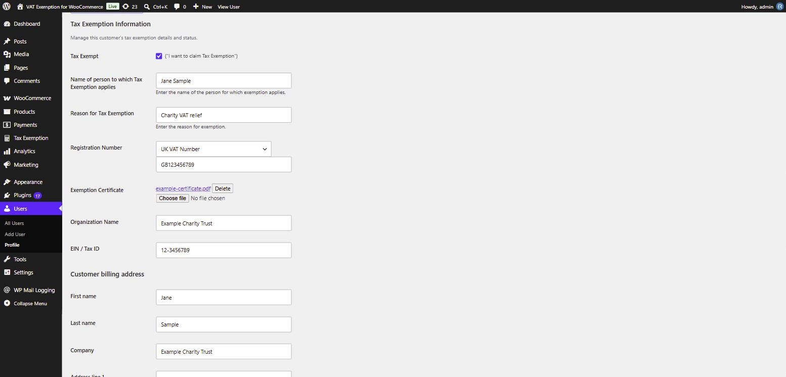 Tax exemption fields on the edit user page