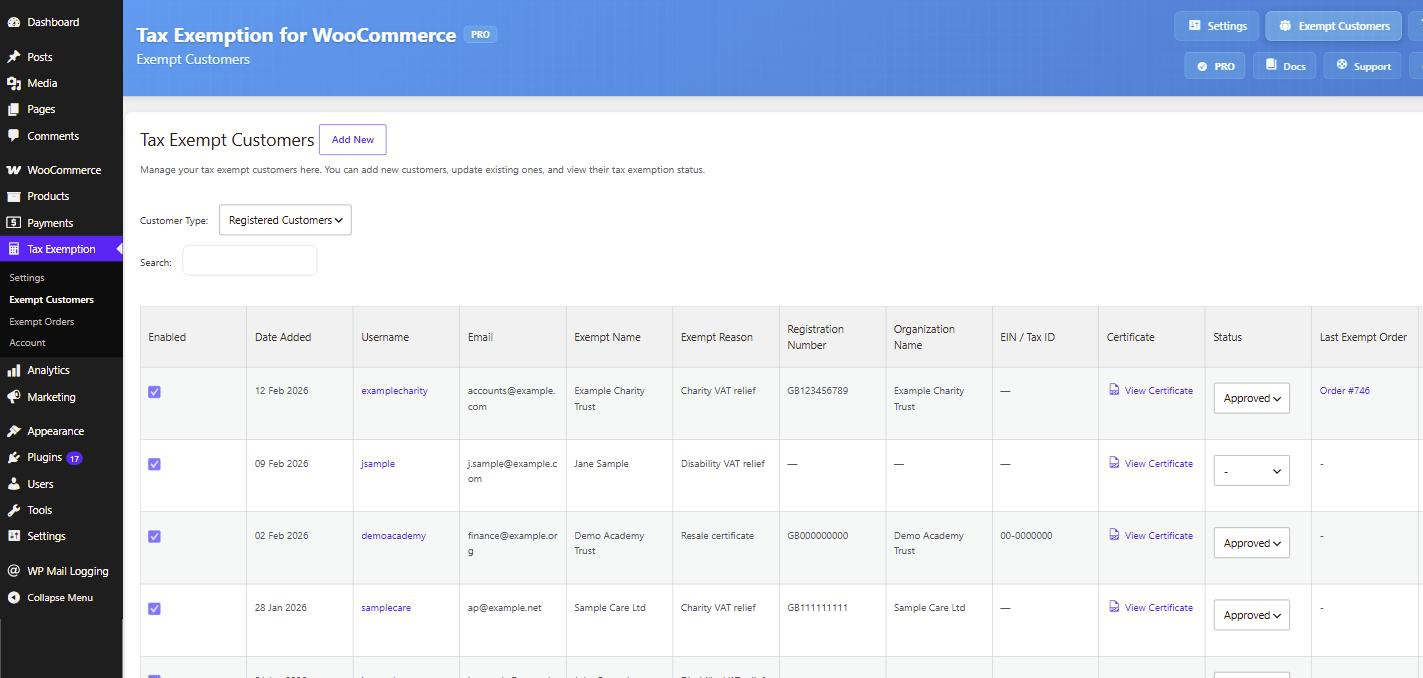 Exempt customers admin management page