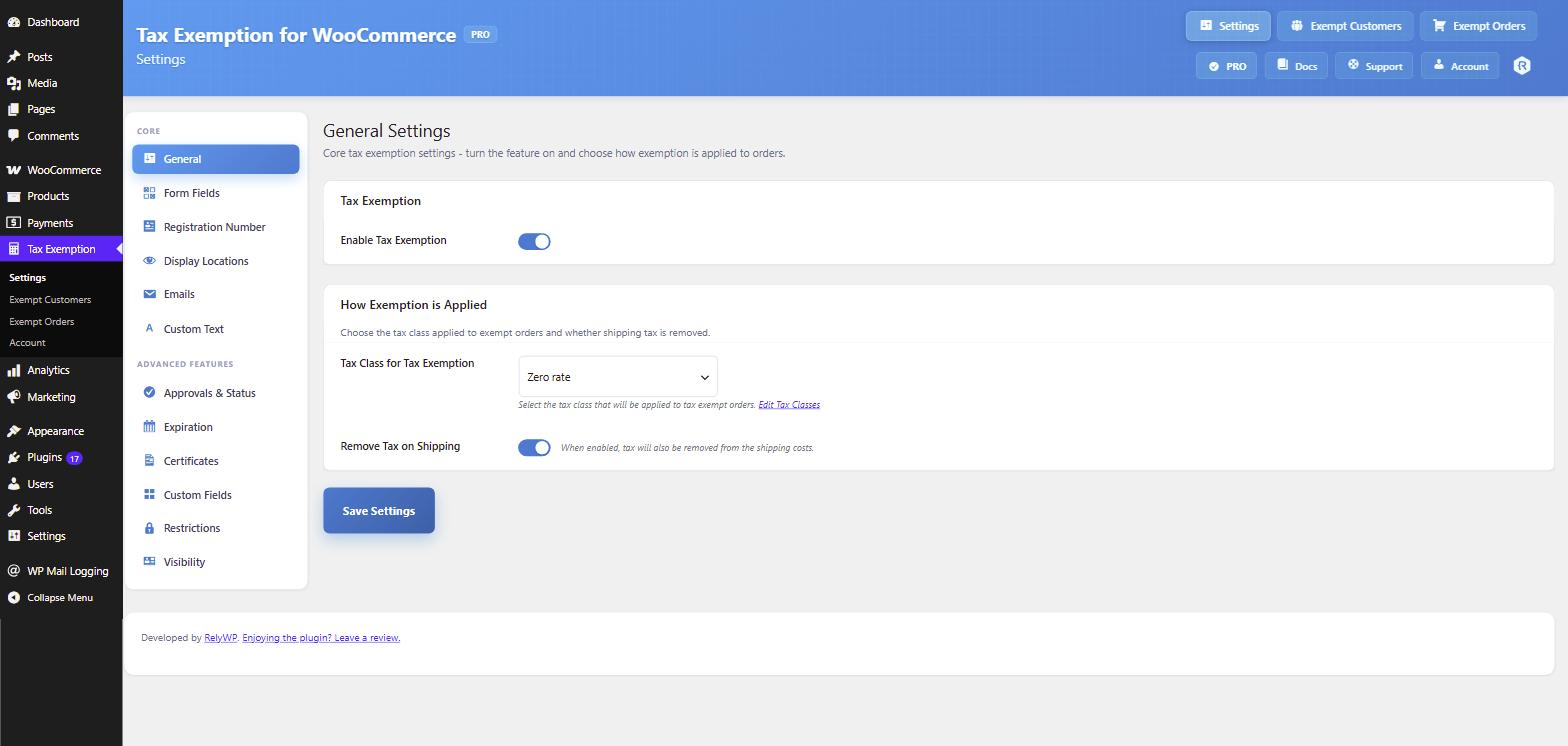 Tax exemption general settings screen
