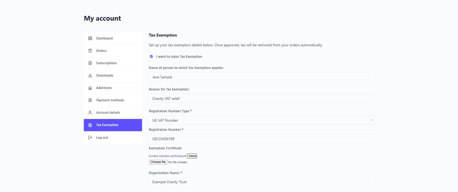 Tax exemption section on the My Account page