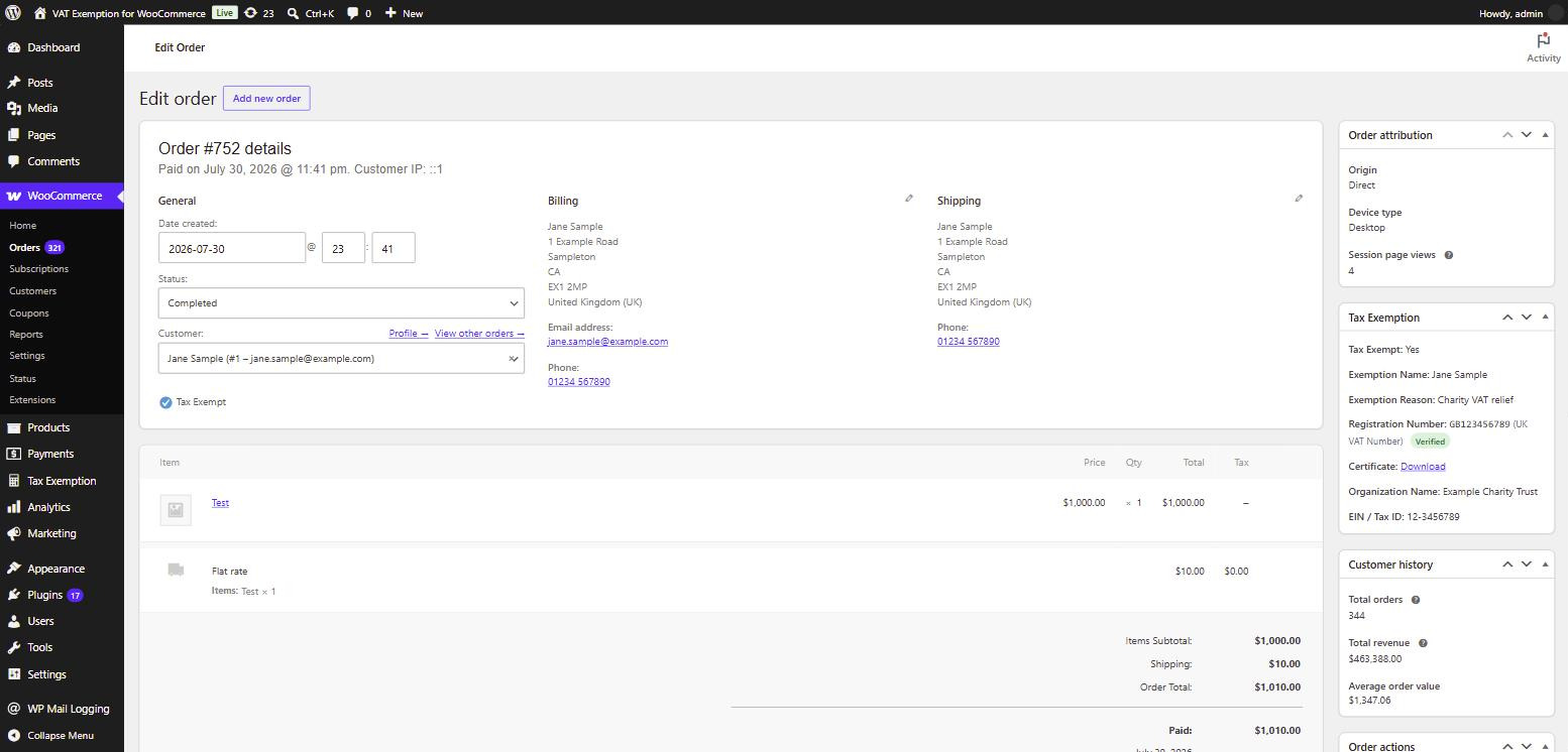 Tax exemption meta box on a WooCommerce order