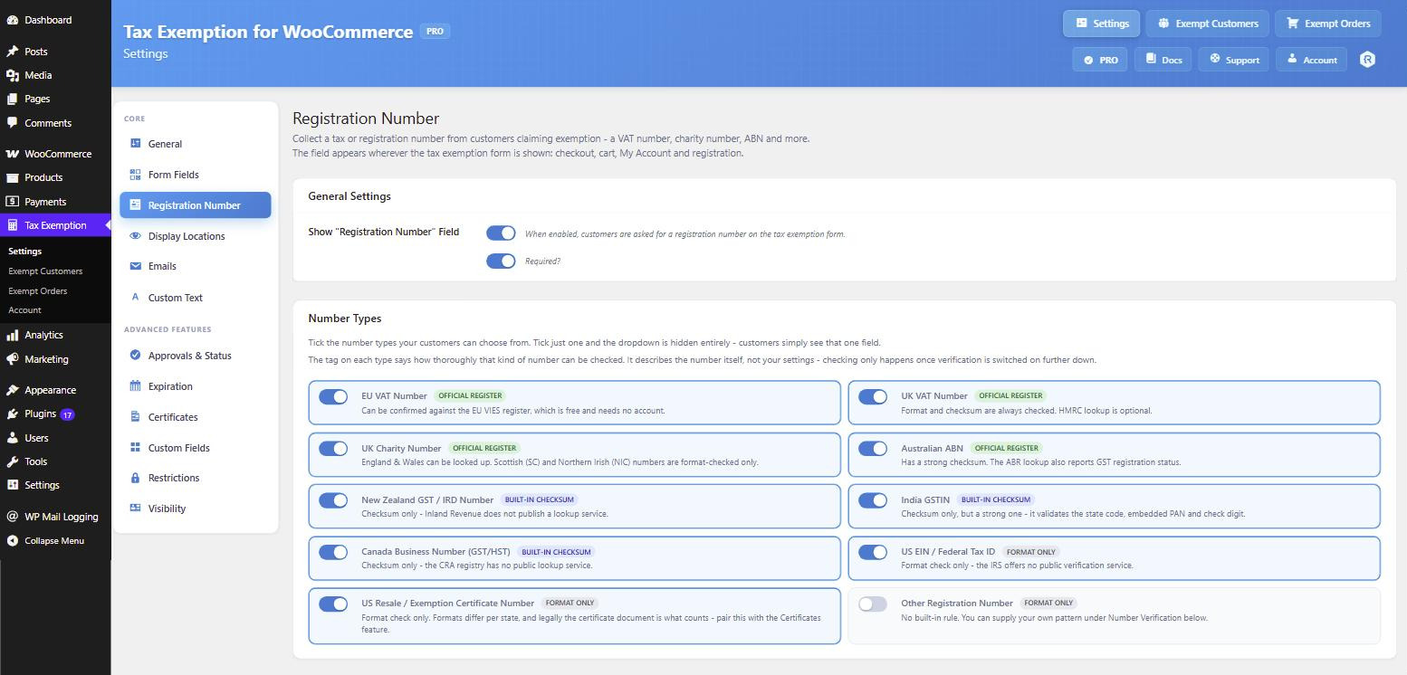Tax exemption PRO settings screen