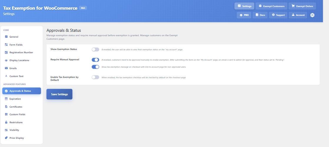 The Approvals and Status settings tab, with Require Manual Approval enabled and the option to show a tax exemption message at checkout for non-approved users
