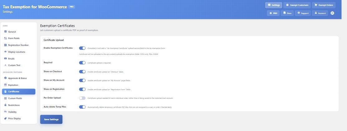 The Certificates settings tab, where the Required, Show on Checkout, Show on My Account and Per-Order Upload options that cause most upload problems are set