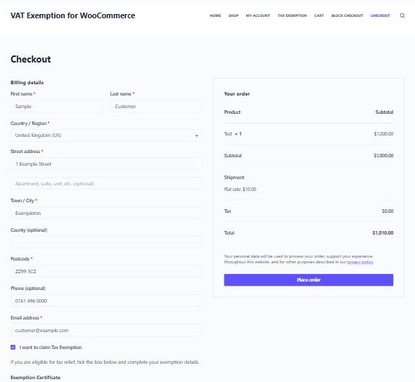 The checkout page with the tax exemption checkbox ticked, and the order summary alongside showing the tax line reduced to zero