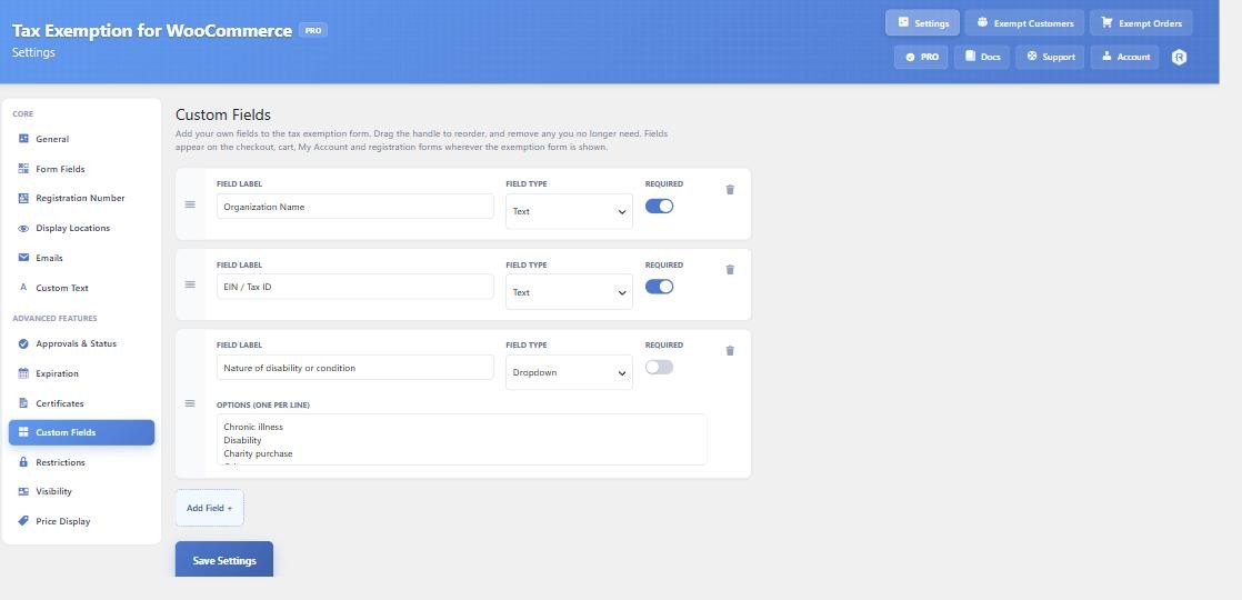The Custom Fields tab with three fields configured, including a Dropdown field showing the Options box where each choice is entered on its own line