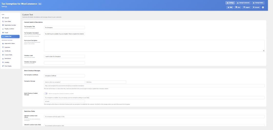 The Custom Text settings tab, grouped into General Labels and Descriptions, Block Checkout Messages and Restriction Notes