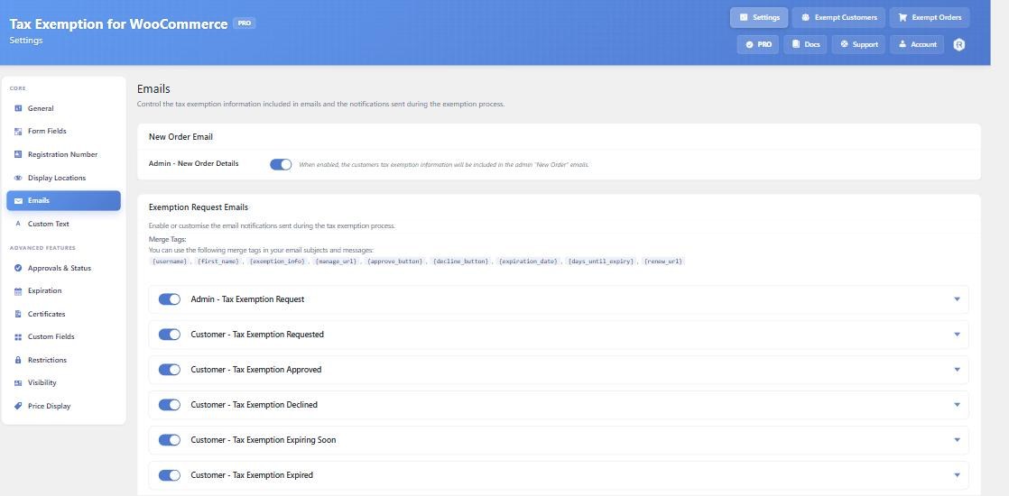 The Emails settings tab, listing the merge tags and the six exemption emails, each as a collapsible row with its own on/off toggle