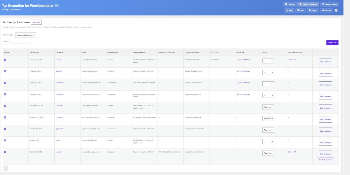 The Tax Exempt Customers admin page, showing the customer type selector, search box, Export CSV button and a table of customers with their exemption details and status controls