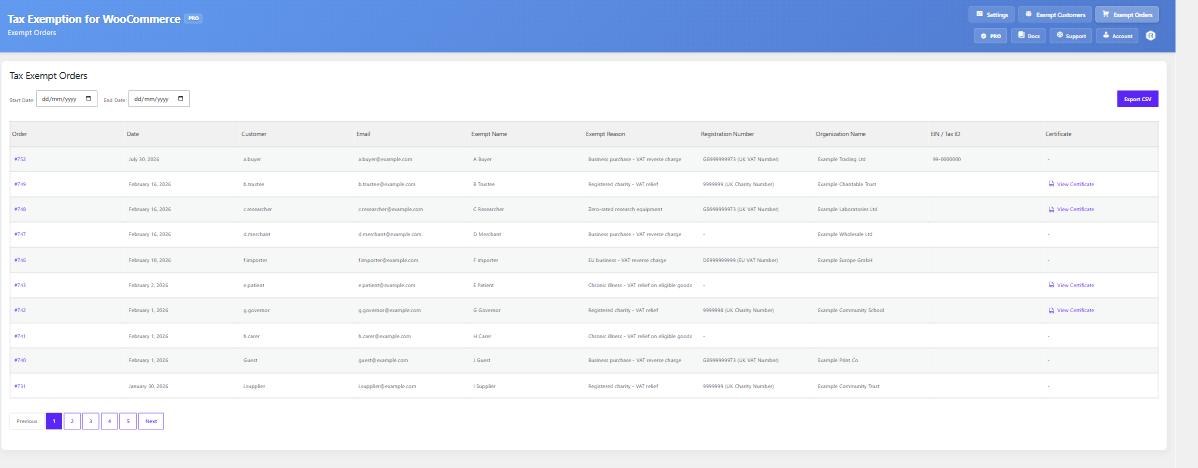 The Tax Exempt Orders admin page, with start and end date filters, an Export CSV button, and a table of exempt orders showing the exemption details recorded against each
