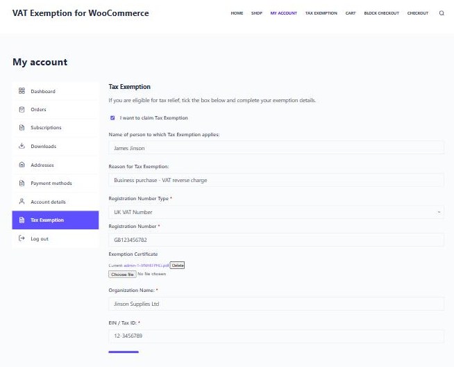 The Tax Exemption tab in a customer's My Account area, listed in the account menu alongside Orders and Addresses, with the exemption checkbox ticked and the fields completed