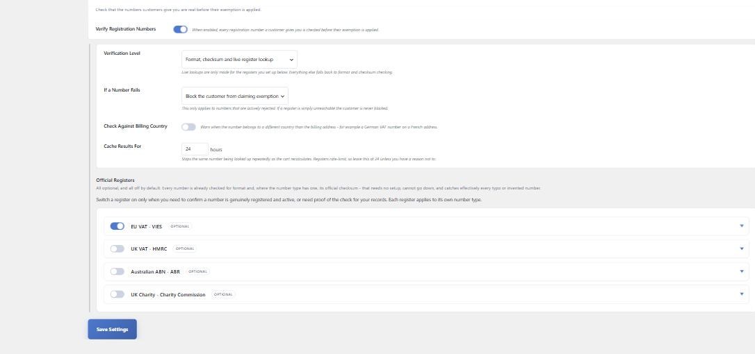 The Official Registers section, with a collapsible row for each of EU VAT via VIES, UK VAT via HMRC, Australian ABN via the ABR and UK Charity via the Charity Commission