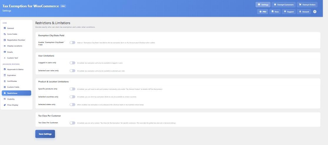 The Restrictions and Limitations settings tab, grouped into Exemption City/State Field, User Limitations, Product and Location Limitations, and Tax Class Per Customer