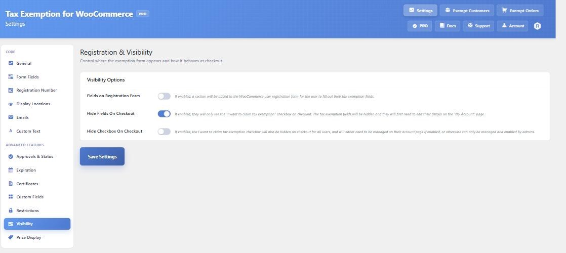 The Registration and Visibility settings tab, with Hide Fields On Checkout enabled and the Hide Checkbox On Checkout option revealed beneath it