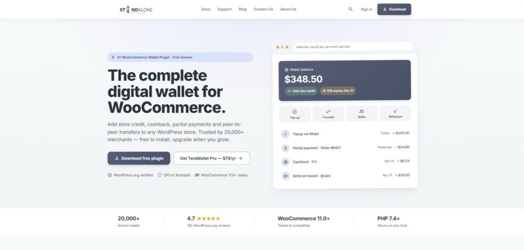 TeraWallet homepage, a free WooCommerce wallet plugin by StandaloneTech