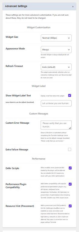 The expanded Advanced Settings panel, with Widget Customization (Widget Size, Appearance Mode, Refresh Timeout), Widget Label, Custom Messages and Performance sections.