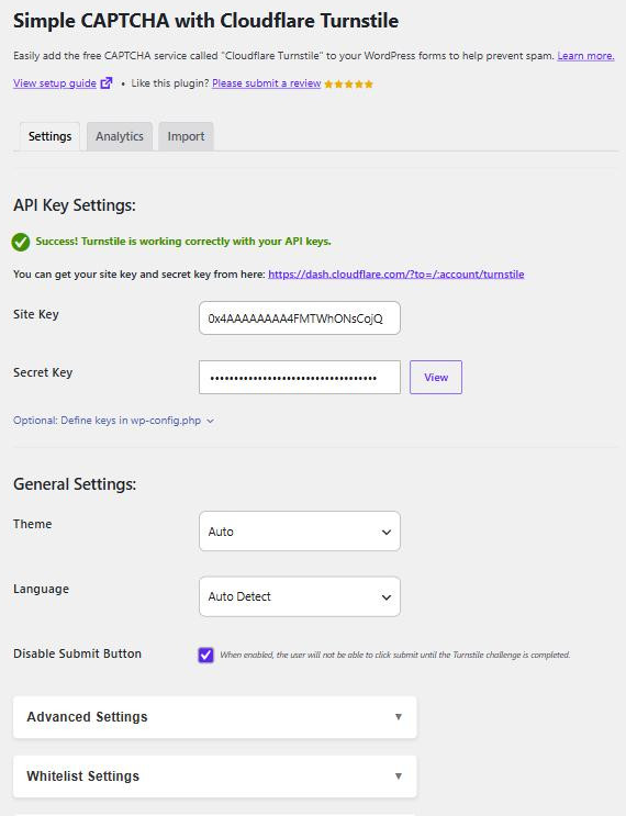 The Simple CAPTCHA with Cloudflare Turnstile settings screen showing the API Key Settings section with a green success message, the Site Key and Secret Key fields, and the General Settings section below with Theme, Language and Disable Submit Button.