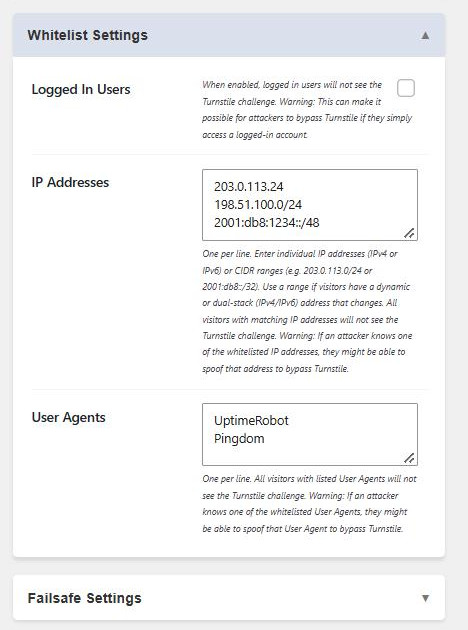 The expanded Whitelist Settings panel, showing the Logged In Users checkbox, an IP Addresses box containing a single address, a CIDR range and an IPv6 range, and a User Agents box listing two monitoring services.