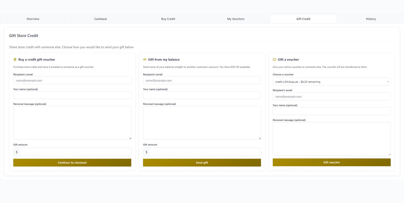 The Gift Store Credit tab in My Account, with the three ways to send credit: buying a gift voucher, gifting from your own balance, or passing on a voucher you already hold.