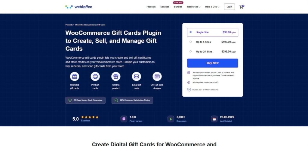 WebToffee WooCommerce Gift Cards plugin page, a gift card plugin with store credit features
