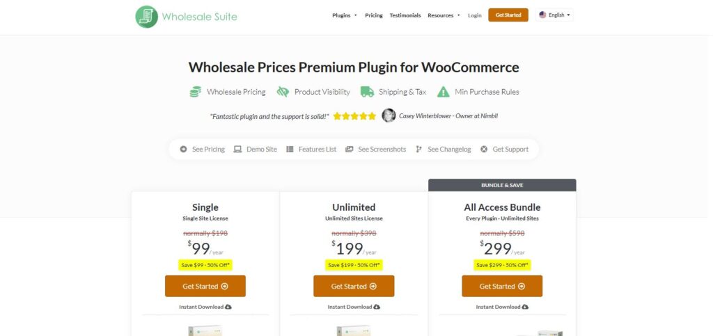 Wholesale Prices Premium plugin page on the Wholesale Suite website, showing its single, unlimited and bundle pricing