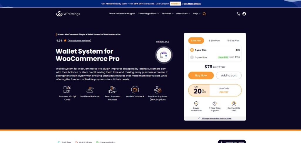 Wallet System for WooCommerce Pro page on the WP Swings website