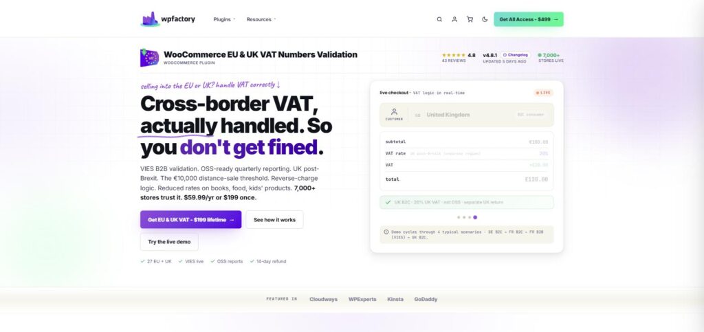 WPFactory EU and UK VAT Numbers Validation plugin page, with a live checkout demo of VAT rates by country