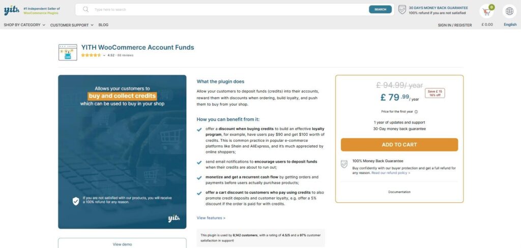YITH WooCommerce Account Funds plugin page on the YITH website