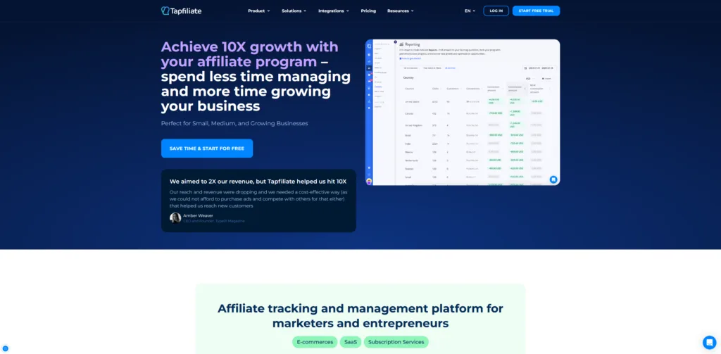Tapfiliate website homepage, cloud-based affiliate tracking software with a WooCommerce integration