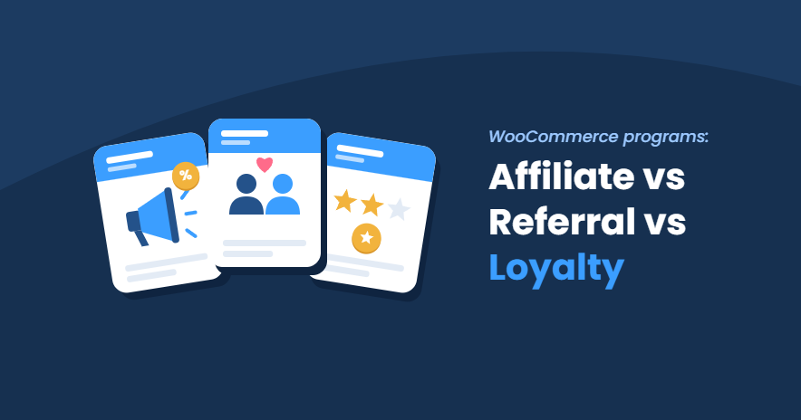 Illustration of three cards: a megaphone for affiliates, two people for referrals and stars with a coin for loyalty, next to the title Affiliate vs Referral vs Loyalty