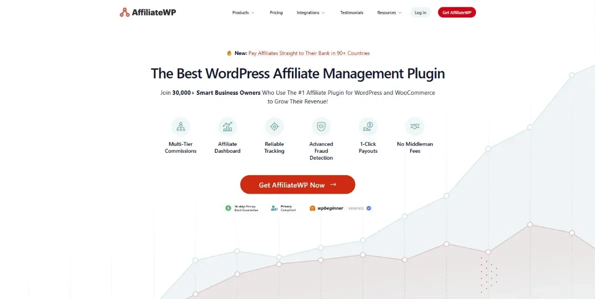 AffiliateWP website homepage, an affiliate management plugin for WordPress and WooCommerce